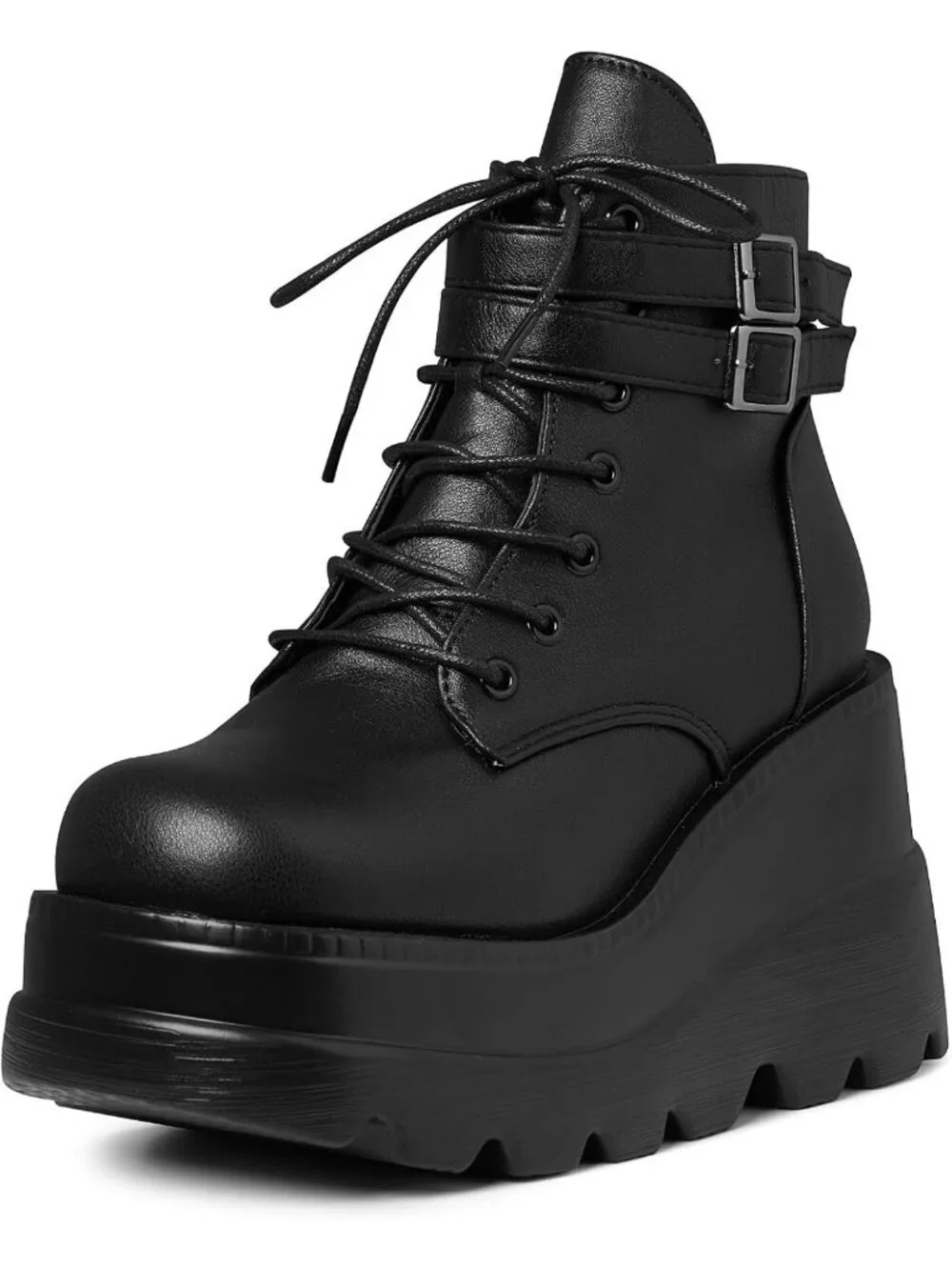 Women's Black Polyurethane Platform Chunky Stylish Lace Up Round Toe Ankle Boots